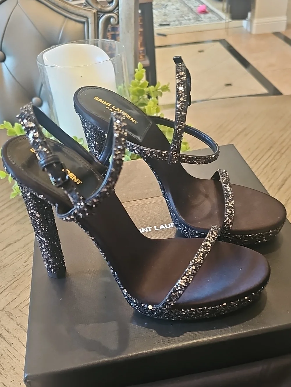Saint Laurent Black Glitter Platform High Heel Sandals Size 38 NWT - Picture 2 of 15